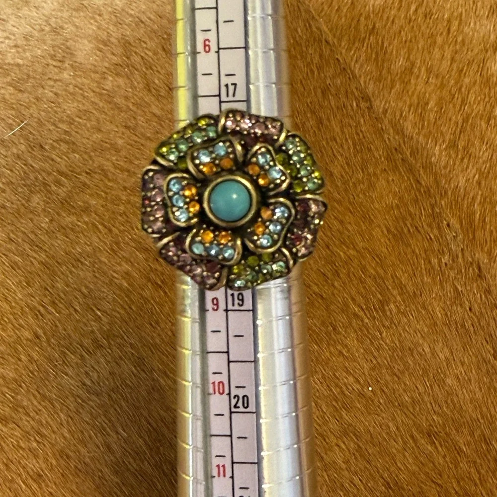 Heidi Daus Floral Crystal Ring Size 8 Turquoise Cabochon Statement Jewelry Glam
